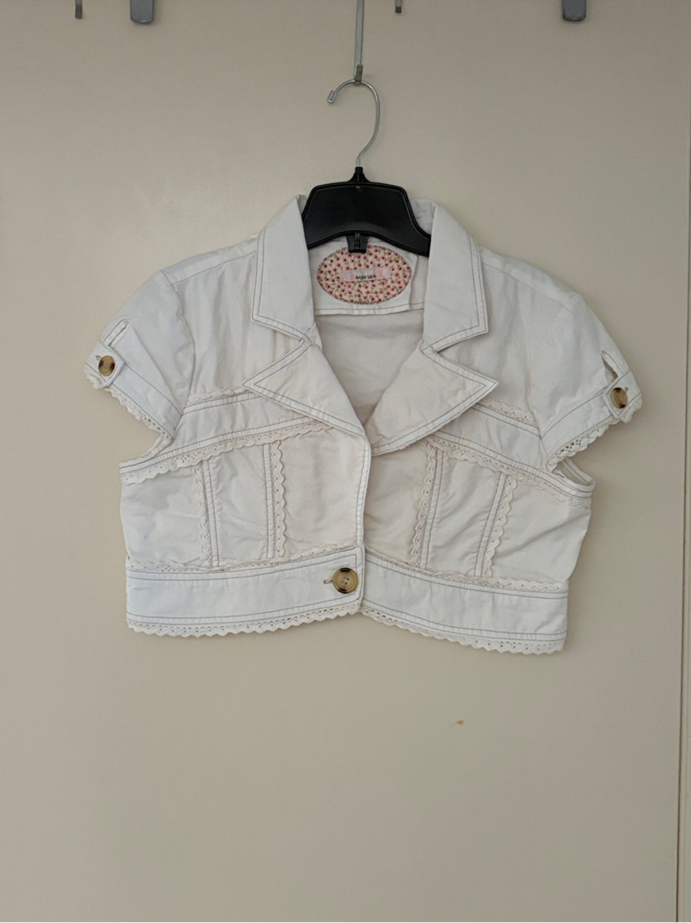 Sugar Lips Off-White Cropped Short-Sleeve Blazer 1-button Jacket! Lace Trim! L